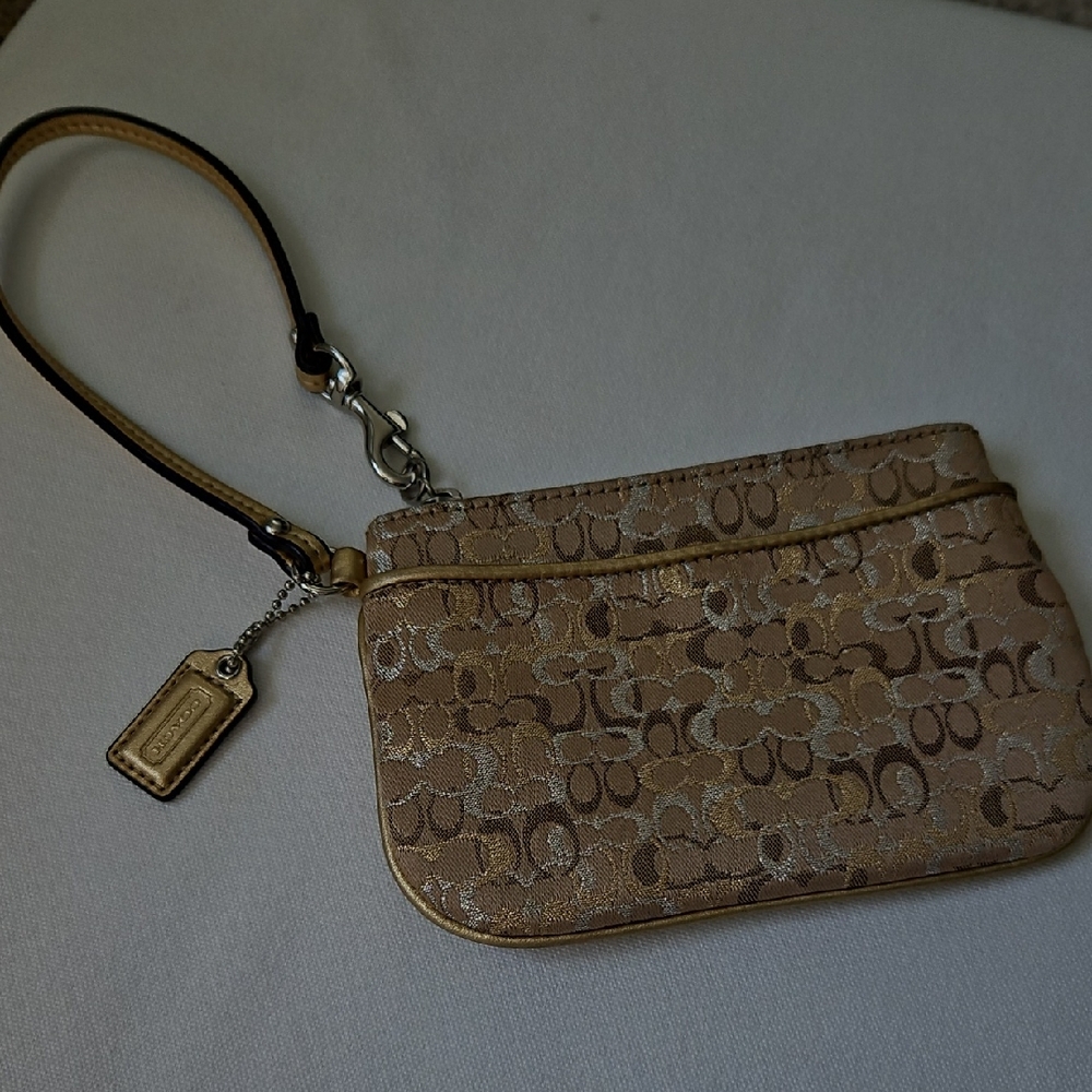 Coach Signature Metallic Beige Wristlet with Gold Accents